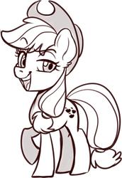 Size: 2227x3238 | Tagged: safe, artist:annakitsun3, applejack, earth pony, pony, g4, applejack's hat, cowboy hat, female, hat, high res, lineart, mare, monochrome, open mouth, raised eyebrow, raised hoof, simple background, smiling, smug, solo, white background