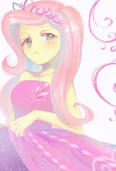 Size: 472x699 | Tagged: safe, artist:yakieringi014, fluttershy, costume conundrum, costume conundrum: rarity, equestria girls, g4, my little pony equestria girls: choose your own ending, beautiful, clothes, collarbone, cute, dress, female, flutterbeautiful, gown, jewelry, princess costume, princess fluttershy, sleeveless, smiling, solo, tiara