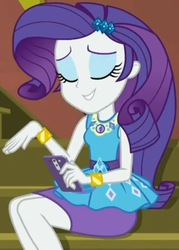 Size: 724x1009 | Tagged: safe, screencap, rarity, costume conundrum, equestria girls, equestria girls series, g4, spoiler:eqg series (season 2), cellphone, clothes, cropped, don't be jealous, eyes closed, female, geode of shielding, guitar, iphone, magical geodes, musical instrument, pencil skirt, phone, rarity peplum dress, sitting, skirt, smartphone, solo, stairs, sunset's apartment, text