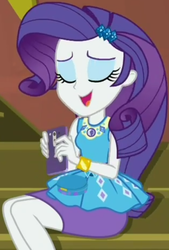 Size: 699x1033 | Tagged: safe, screencap, rarity, costume conundrum, equestria girls, g4, my little pony equestria girls: better together, cellphone, clothes, cropped, eyes closed, female, geode of shielding, guitar, iphone, magical geodes, musical instrument, pencil skirt, phone, rarity peplum dress, sitting, skirt, smartphone, smiling, solo, stairs, sunset's apartment, text