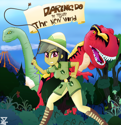 Size: 2000x2072 | Tagged: safe, artist:theretroart88, daring do, brontosaurus, dinosaur, sauropod, tyrannosaurus rex, equestria girls, g4, clothes, cover, female, hat, high res, imaginext, prehistoric, scenery, volcano, whip