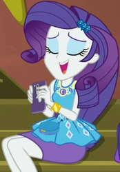 Size: 737x1056 | Tagged: safe, screencap, rarity, costume conundrum, equestria girls, equestria girls series, g4, spoiler:choose your own ending (season 2), spoiler:eqg series (season 2), cellphone, clothes, cropped, eyes closed, female, geode of shielding, guitar, iphone, leaning back, magical geodes, musical instrument, pencil skirt, phone, rarity peplum dress, sitting, skirt, smartphone, smiling, solo, stairs, sunset's apartment, text