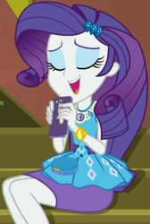 Size: 697x1040 | Tagged: safe, screencap, rarity, costume conundrum, equestria girls, g4, my little pony equestria girls: better together, cellphone, clothes, cropped, eyes closed, female, geode of shielding, guitar, iphone, leaning forward, magical geodes, musical instrument, pencil skirt, phone, rarity peplum dress, sitting, skirt, smartphone, smiling, solo, stairs, sunset's apartment, text