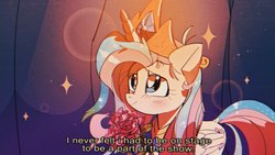 Size: 1280x720 | Tagged: safe, artist:poneko-chan, fluttershy, pegasus, pony, g4, horse play, bouquet, celestia costume, clothes, cosplay, costume, dialogue, fake horn, female, film grain, flower, folded wings, horn, lens flare, mare, peytral, rose, scene interpretation, shylestia, smiling, solo, subtitles, three quarter view, wings