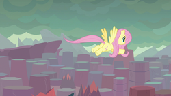 Size: 1280x720 | Tagged: safe, screencap, fluttershy, pegasus, pony, g4, sweet and smoky, dragon lands, female, flying, mare, overcast, solo