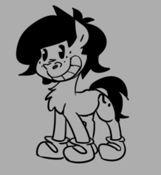 Size: 426x466 | Tagged: safe, artist:lockhe4rt, oc, oc only, oc:filly anon, earth pony, pony, 30s, beady eyes, black and white, chest fluff, clothes, disney, disney style, female, filly, freckles, grayscale, lineart, monochrome, old timey, question mark, shoes, simple background, smiling, solo, style emulation, white background