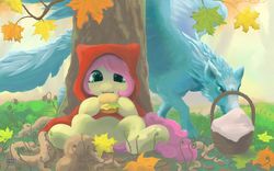 Size: 1280x800 | Tagged: safe, artist:myr2a, fluttershy, oc, pony, wolf, g4, burger, cape, clothes, crossover, duo, eating, female, food, furry oc, hooded cape, hoof hold, little red riding hood, mare, picnic blanket, sitting, tree, winged wolf