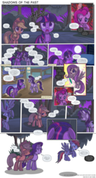 Size: 2250x4139 | Tagged: safe, artist:perfectblue97, applejack, fluttershy, pinkie pie, princess luna, rainbow dash, rarity, twilight sparkle, alicorn, earth pony, pegasus, pony, unicorn, children of the night, comic:shadows of the past, g4, applejack's hat, bunk bed, censor bar, censored, comic, cowboy hat, crying, everfree forest, female, hat, lunar republic, mane six, mare, moon, night, open mouth, pointing, tears of anger, tree, unicorn twilight, unnecessary censorship, vine