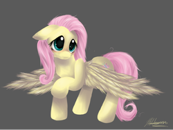 Size: 661x501 | Tagged: safe, artist:sirskipper, fluttershy, pegasus, pony, g4, blushing, cute, cutie mark, female, floppy ears, gray background, mare, raised hoof, shyabetes, simple background, solo, spread wings, wings