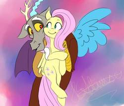 Size: 499x430 | Tagged: safe, artist:sirskipper, discord, fluttershy, draconequus, pegasus, pony, g4, abstract background, cutie mark, female, floppy ears, holding a pony, looking at each other, male, mare, ship:discoshy, shipping, smiling, spread wings, straight, wings