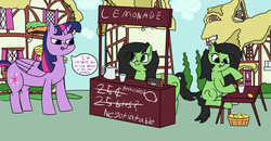 Size: 3000x1555 | Tagged: safe, artist:anonymous, twilight sparkle, oc, oc:filly anon, alicorn, earth pony, pony, g4, building, bush, chair, cloud, cup, dialogue, female, filly, food, grass, juice, lemon, lemonade, lemonade stand, pitcher, ponyville, question mark, radio, sign, sitting, smiling, table, text, tongue out, tree, twilight sparkle (alicorn), writing