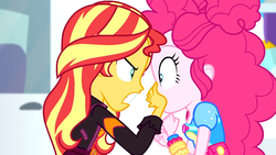 Size: 1916x1080 | Tagged: safe, screencap, pinkie pie, sunset shimmer, equestria girls, equestria girls specials, g4, my little pony equestria girls: better together, my little pony equestria girls: sunset's backstage pass, angry, duo, duo female, female, geode of empathy, geode of sugar bombs, hand over mouth, looking at each other, magical geodes, shrunken pupils