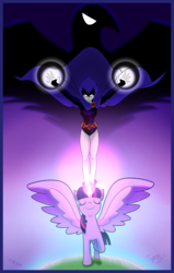 Size: 2895x4550 | Tagged: safe, artist:prs3245, twilight sparkle, alicorn, bird, pony, raven (bird), g4, death battle, eyes closed, female, glowing hands, mare, raven (dc comics), spread wings, tara strong, teen titans, twilight sparkle (alicorn), voice actor joke, wings