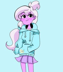 Size: 1063x1201 | Tagged: safe, artist:scrubbytea, oc, oc only, oc:mona squiggles, human, clothes, cute, hoodie, humanized, miniskirt, moe, pleated skirt, pony coloring, ponytail, skirt