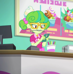 Size: 868x884 | Tagged: safe, screencap, stella sprinkles, equestria girls, g4, my little pony equestria girls: better together, tip toppings, tip toppings: twilight sparkle, adorkable, braces, cash register, cashier, cellphone, cropped, cute, dork, female, froyo, frozen yogurt, frozen yogurt shop, glasses, nerd, orthodontic headgear, phone, pigtails, sign, smartphone, smiling, twintails