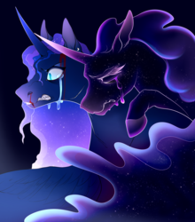 Size: 2000x2277 | Tagged: safe, artist:burgerpaws, princess luna, tantabus, alicorn, pony, g4, angry, blood, crying, female, floppy ears, gritted teeth, high res, nosebleed, sad, sharp teeth, shrunken pupils, teeth, vent art