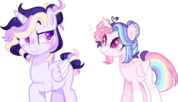 Size: 1182x676 | Tagged: safe, artist:elementbases, artist:moon-rose-rosie, oc, oc only, oc:astral moonlight, oc:celestial moon, alicorn, pony, alternate universe, base used, duo, female, magical lesbian spawn, multicolored hair, offspring, parent:rainbow dash, parent:twilight sparkle, parents:twidash, rainbow tail, simple background, sparkly mane, transparent background