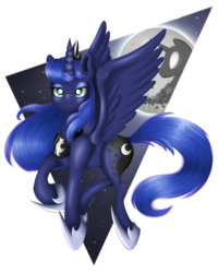 Size: 2000x2500 | Tagged: safe, artist:valemjj, princess luna, alicorn, pony, g4, abstract background, female, flying, high res, looking at you, mare, mare in the moon, moon, night, simple background, smiling, smirk, solo, spread wings, transparent background, wings