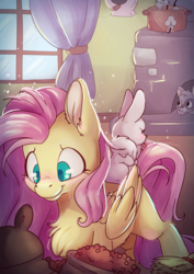 Size: 2481x3508 | Tagged: safe, artist:cutepencilcase, angel bunny, fluttershy, cat, mouse, pegasus, pony, g4, angel riding fluttershy, chimney, female, high res, mare, pot, rabbits riding ponies, riding, smiling, tongue out, window