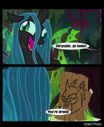 Size: 640x781 | Tagged: safe, edit, edited screencap, editor:teren rogriss, screencap, queen chrysalis, changeling, changeling queen, g4, the beginning of the end, comic, crazylis, drunk, female, go home you're drunk, horn, log, mare, open mouth, screencap comic, solo, uvula, wings