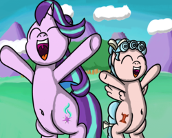 Size: 3000x2400 | Tagged: safe, artist:saburodaimando, cozy glow, starlight glimmer, pegasus, pony, unicorn, g4, a better ending for cozy, belly, belly button, duo, happy, high res, jumping, what if