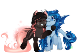 Size: 2800x2000 | Tagged: safe, artist:redheartponiesfan, oc, oc only, oc:polaris heart, oc:tainted kiss, bat pony, pony, female, high res, horns, hug, mare, simple background, transparent background