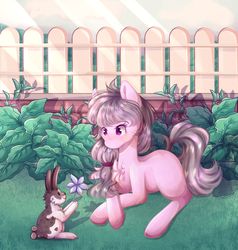 Size: 1280x1344 | Tagged: safe, artist:sketchyhowl, oc, oc only, oc:sweet tune, earth pony, pony, rabbit, animal, female, flower, mare, prone, solo