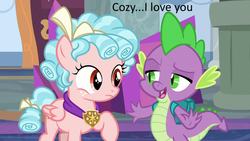 Size: 1280x720 | Tagged: safe, edit, edited screencap, screencap, cozy glow, spike, dragon, pegasus, pony, g4, backpack, female, filly, male, ship:cozyspike, shipping, straight