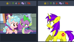 Size: 658x379 | Tagged: safe, cozy glow, spike, oc, dragon, pony, unicorn, derpibooru, g4, my little pony: friendship is magic, school raze, backpack, claws, female, juxtaposition, male, meta, winged spike, wings