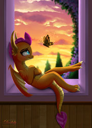Size: 4550x6300 | Tagged: safe, artist:darksly, smolder, butterfly, dragon, g4, absurd resolution, claws, dragoness, female, lidded eyes, smiling, solo, sunset, teenaged dragon, teenager, toes, window