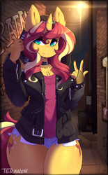 Size: 900x1455 | Tagged: safe, artist:teranen, sunset shimmer, unicorn, anthro, g4, badass, bunset shimmer, chest fluff, cleavage fluff, clothes, cute, daisy dukes, detailed background, ear fluff, equestria girls outfit, eyeshadow, female, hips, hoodie, jacket, leather jacket, makeup, mare, night, punk, shimmerbetes, shorts, smiling, solo, thick, thighs, thunder thighs, wide hips