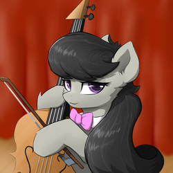 Size: 1024x1024 | Tagged: safe, artist:d.w.h.cn, derpibooru exclusive, octavia melody, earth pony, pony, g4, bow (instrument), cello, female, lidded eyes, musical instrument, smiling, solo, stage