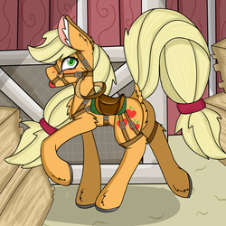 Size: 5000x5000 | Tagged: safe, artist:cuddlelamb, applejack, earth pony, pony, g4, ballgag, barn, blushing, bridle, butt, dock, female, fluffy, gag, girth, harness, hay bale, mare, plot, reins, saddle, solo, story in the comments, tack