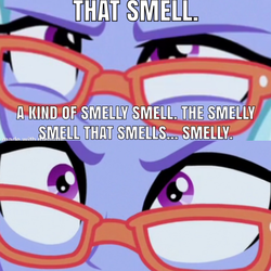 Size: 1372x1372 | Tagged: safe, edit, edited screencap, screencap, sugarcoat, equestria girls, g4, my little pony equestria girls: friendship games, buffy speak, caption, close-up, funny, glasses, help wanted, implied anchovies, meme, spongebob squarepants