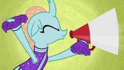 Size: 1920x1080 | Tagged: safe, screencap, ocellus, changedling, changeling, 2 4 6 greaaat, g4, cheerleader ocellus, cheerleader outfit, clothes, cute, diaocelles, female, megaphone, solo