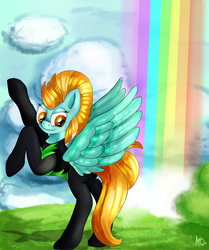 Size: 2547x3041 | Tagged: safe, artist:appleneedle, lightning dust, pegasus, pony, g4, clothes, female, high res, mare, rainbow, raised hoof, solo, uniform, washouts uniform