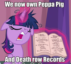 Size: 960x865 | Tagged: safe, edit, edited screencap, screencap, twilight sparkle, alicorn, pony, a trivial pursuit, g4, book, caption, cropped, death row records, dem feels, female, floppy ears, hasbro, image macro, mare, open mouth, outdated, peppa pig, rules lawyer, solo, text, twilight snapple, twilight sparkle (alicorn), twilight sparkle is best facemaker, twilighting, wtf
