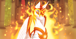 Size: 3829x2000 | Tagged: safe, artist:minelvi, daybreaker, alicorn, pony, g4, blurry background, canterlot, colored pupils, column, ear fluff, eyelashes, female, fire, gem, helmet, high res, horn, jewelry, looking at you, mare, pillar, regalia, signature, solo, sparkles, throne, throne room, watermark, wings, yellow eyes