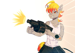 Size: 1400x990 | Tagged: safe, artist:bakki, oc, oc only, anthro, abs, anthro oc, clothes, commission, grenade launcher, grin, gun, m32 mgl, muzzle flash, pants, simple background, smiling, solo, tank top, weapon, white background