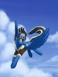 Size: 1500x1991 | Tagged: safe, artist:1jaz, oc, oc only, oc:diz, pegasus, pony, bomber jacket, clothes, cloud, flying, freckles, goggles, jacket, male, signature, sky, solo, spread wings, stallion, wings