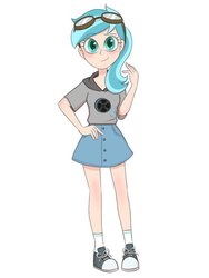 Size: 510x680 | Tagged: safe, artist:h2so366, oc, oc only, oc:rym, human, clothes, converse, cute, denim skirt, female, goggles, hoodie, humanized, humanized oc, miniskirt, moe, ocbetes, ponytail, shoes, simple background, skirt, sneakers, socks, solo, white background
