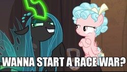 Size: 996x564 | Tagged: safe, edit, edited screencap, screencap, cozy glow, queen chrysalis, changeling, changeling queen, pegasus, pony, g4, the summer sun setback, evil grin, female, filly, grin, meme, race war, smiling