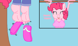 Size: 919x544 | Tagged: safe, anonymous artist, pinkie pie, anthro, g4, barefoot, breasts, clothes, cute, dangling, feet, female, fetish, flip-flops, foot fetish, foot focus, giggling, hanging, jeans, pants, sandal removed, soles, toes, tree, tree branch