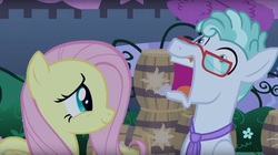 Size: 1671x933 | Tagged: safe, screencap, feather flatterfly, fluttershy, pegasus, pony, g4, the summer sun setback, duo, female, glasses, male, mare, necktie, open mouth, stallion