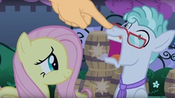 Size: 1671x933 | Tagged: safe, edit, edited screencap, screencap, feather flatterfly, fluttershy, pegasus, pony, g4, the summer sun setback, boop, boop edit, female, finger, glasses, hand, male, mare, necktie, open mouth, stallion