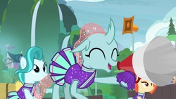 Size: 1920x1080 | Tagged: safe, screencap, lighthoof, ocellus, shimmy shake, changedling, changeling, pony, 2 4 6 greaaat, g4, cheerleader ocellus, cheerleader outfit, clothes, cute, diaocelles, megaphone