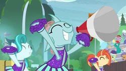 Size: 1920x1080 | Tagged: safe, screencap, buddy, dusty swift, frying pan (g4), gooseberry, lighthoof, ocellus, royal riff, shimmy shake, summer meadow, sunshower raindrops, 2 4 6 greaaat, g4, big smile, cheerleader ocellus, cheerleader outfit, clothes, cute, diaocelles, friendship student, las pegasus resident, lightorable, megaphone, shakeabetes