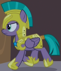 Size: 700x823 | Tagged: safe, screencap, queen chrysalis, vanguard cover, pegasus, pony, g4, the summer sun setback, armor, cropped, determined, disguise, disguised changeling, female, frown, guardsmare, mare, royal guard, royal guard armor, solo, tail wrap, walking