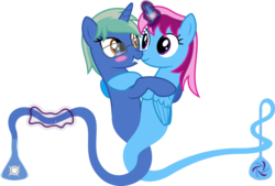 Size: 9468x6400 | Tagged: safe, artist:parclytaxel, oc, oc only, oc:nova spark, oc:parcly taxel, alicorn, genie, genie pony, monster pony, original species, pony, tatzlpony, unicorn, ain't never had friends like us, albumin flask, .svg available, absurd resolution, alicorn oc, blushing, bottle, fangs, female, geniefied, horn, horn ring, hug, magic, mare, rubbing, simple background, smiling, transparent background, vector