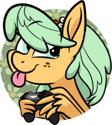 Size: 1785x1986 | Tagged: safe, artist:binkyt11, part of a set, oc, oc:daphne, pegasus, pony, :p, abstract background, circle background, controller, cutie mark background, female, flower, flower in hair, freckles, headband, icon, mare, playstation, tongue out, wing hands, wings